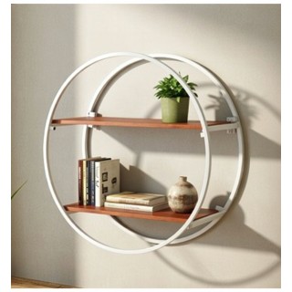 Okrugla zidna polica akacija i metal 55.5 cm – dekorativna polica za zid