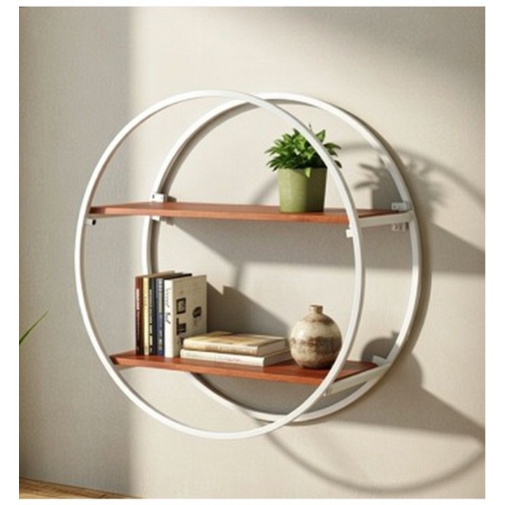 Okrugla zidna polica akacija i metal 55.5 cm – dekorativna polica za zid