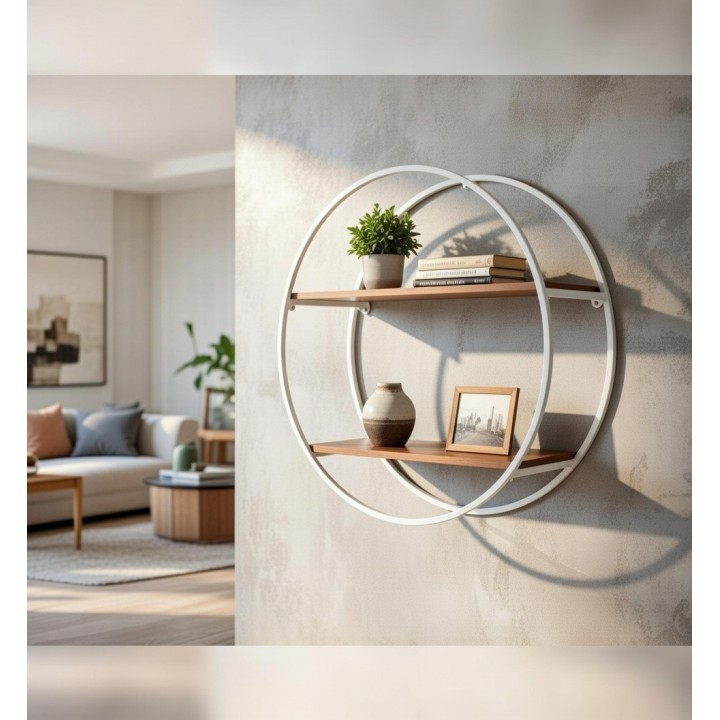 Okrugla zidna polica akacija i metal 55.5 cm – dekorativna polica za zid