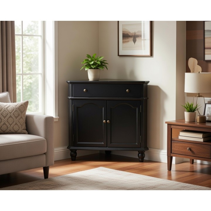 Crna ugaona komoda od drveta – klasični stil 80.5x43.5x76.5 cm
