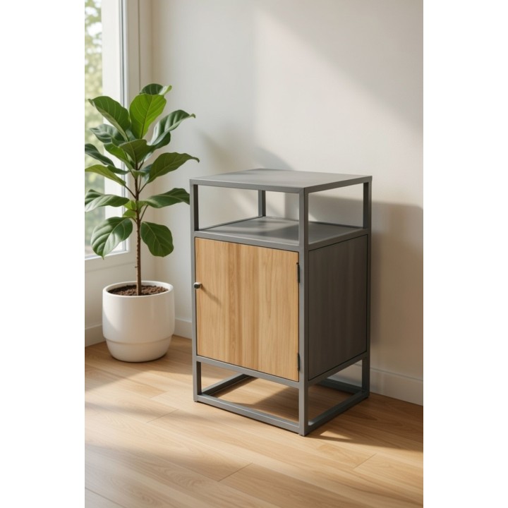 Industrijski noćni stočić / ormarić sa vratima – metal i drvo 44 × 37 × 76 cm