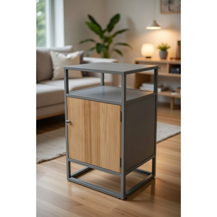 Industrijski noćni stočić / ormarić sa vratima – metal i drvo 44 × 37 × 76 cm