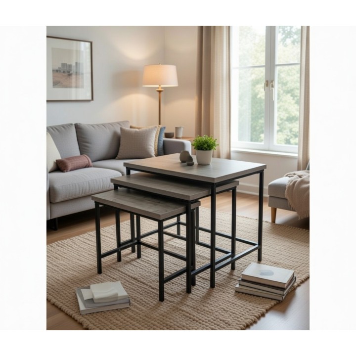 Set od 3 pomoćna stočića u industrijskom stilu, drvo malezijske topole i metal