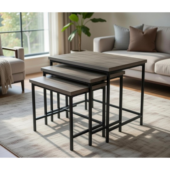 Set od 3 pomoćna stočića u industrijskom stilu, drvo malezijske topole i metal