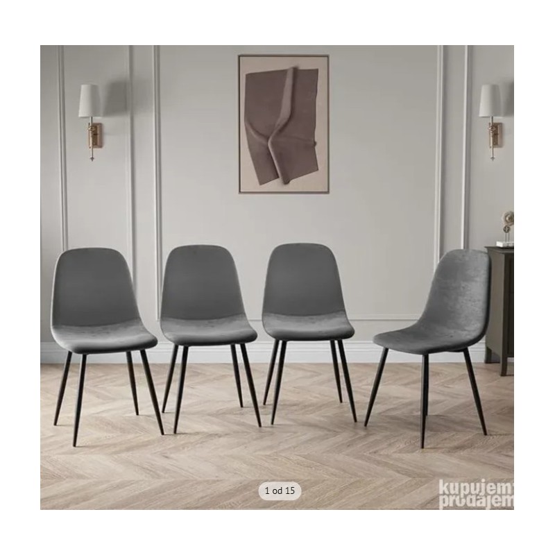 Set od 4 trpezarijske stolice, pliš/metalni nogari,siva/crna- oštećeno