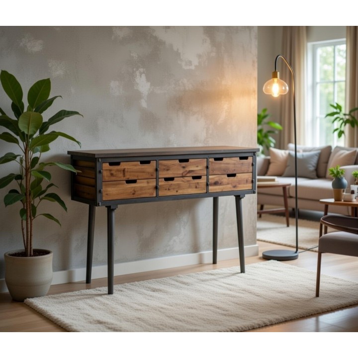Industrijska konzola/bočni sto sa 6 fioka 112x36x79 cm – puno drvo