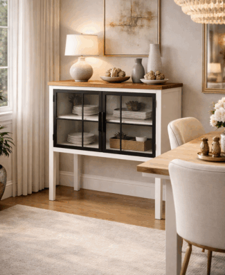 Komoda-vitrina sa staklenim vratima – puno drvo/MDF/metal/staklo, 78x36x82,5 cm