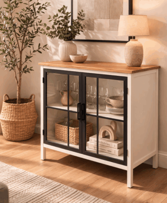 Komoda-vitrina sa staklenim vratima – bela, puno drvo/MDF/metal/staklo, 78x36x82,5 cm