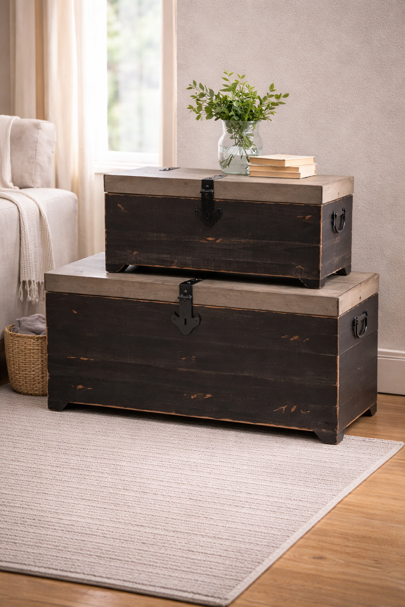 Set od 2 drvene škrinje za odlaganje – puno drvo jele/MDF, rustični stil - Слика 3