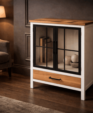 Komoda-vitrina sa staklenim vratima i fiokom – puno drvo/MDF/metal/staklo, 62x36x86,5 cm