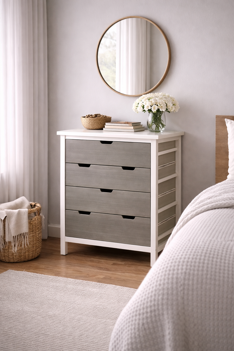 Komoda sa 4 fioke – puno drvo/MDF, bela konstrukcija, 66x36x73 cm - Слика 5