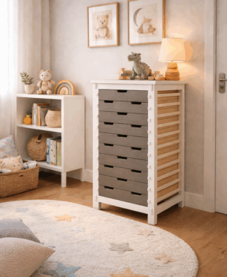Visoka komoda sa 10 fioka – puno drvo/MDF, bela konstrukcija, 45x36x90 cm