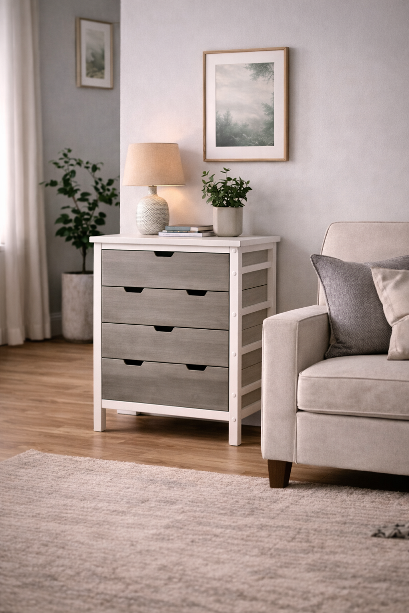 Komoda sa 4 fioke – puno drvo/MDF, bela konstrukcija, 66x36x73 cm - Слика 7