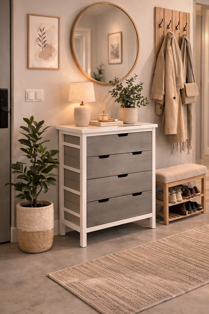 Komoda sa 4 fioke – puno drvo/MDF, bela konstrukcija, 66x36x73 cm - Слика 8