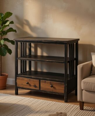 Rustična TV komoda sa policama i 2 fioke – puno drvo/MDF, crna patina, 79x36x75,5 cm
