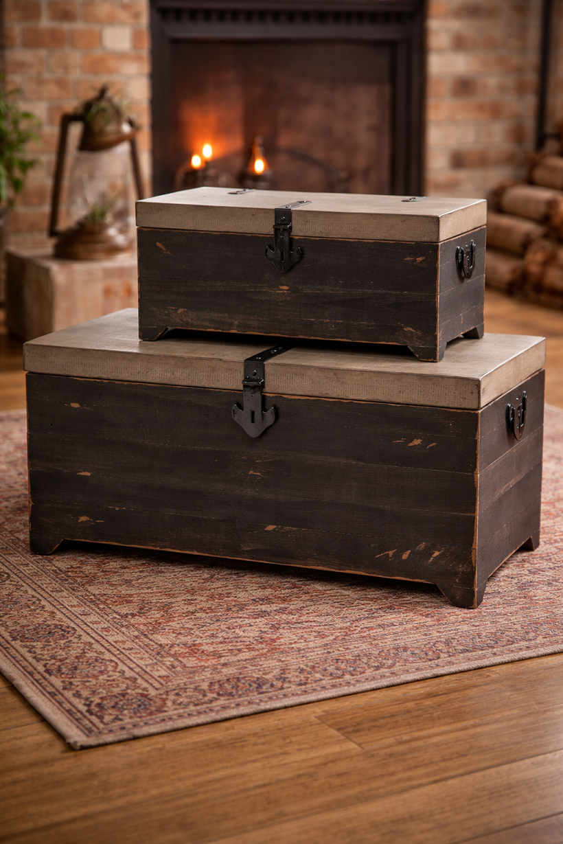 Set od 2 drvene škrinje za odlaganje – puno drvo jele/MDF, rustični stil - Слика 6