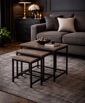 Set od 3 pomoćna stočića – puno drvo topole/metal, industrijski stil